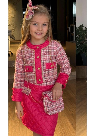 Riccotarz Kız Çocuk Kapitone Ve Altın Şerit Detaylı Şanel Fuşya Etekli Takım Fuşya