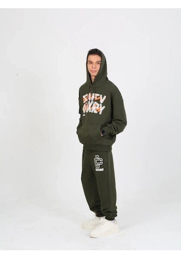 Erkek Çocuk Yazı Detaylı 2 İplik Kapüşonlu Sweatshirt-15229 Haki