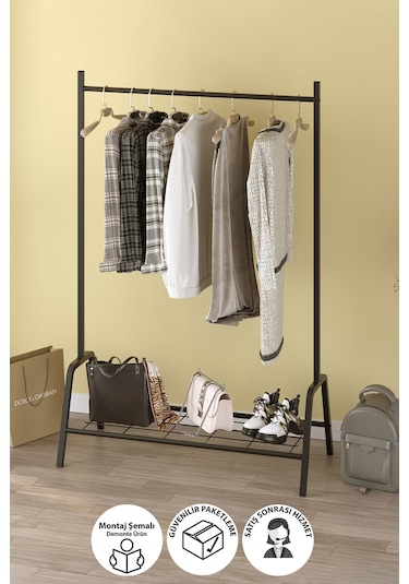 Bofigo Konfeksiyon Askısı Ayaklı Askılık Elbise Askılığı Raflı Askılık Venüs Siyah