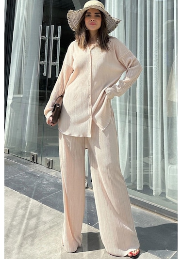 Kadın Bej Uzun Tunik Gömlek & Beli Lastikli, Bol Paça Pantolon - Salaş Bürümcük Takım Bej