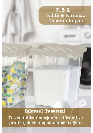 2'li Organizer Box 7,5l Un Bakliyat Erzak Kabı Kilit Kapaklı Düzenleyici Deterjanlık Saklama Kutusu Bej