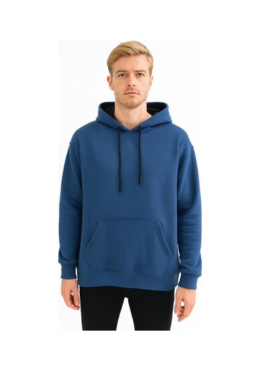 Erkek Oversize Uzun Kol Kapşonlu Sweatshırt-7386 Mavi