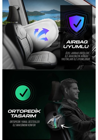 Siyah - Gri Panda Rodos Serisi Deri Ortopedik Oto Koltuk Kılıfı - Tam Set