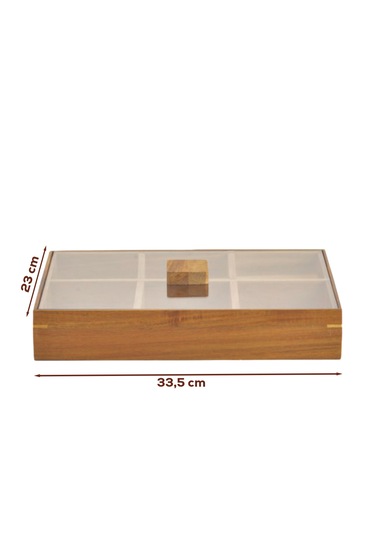 Porsima 76748 Akasya 6 Bölmeli Kapaklı Ahşap Bambu Çerezlik Sunumluk Saklama Kabı Ahşap