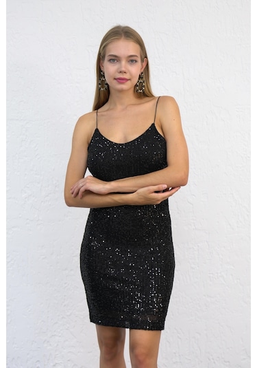 Askılı Pullu Mini Siyah Abiye Elbise-siyah Siyah