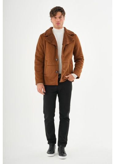 Erkek Regular Fit İçi Kürklü Düğmeli Katlı Yaka Yandan Cepli Klasik Süet Mont Kahverengi