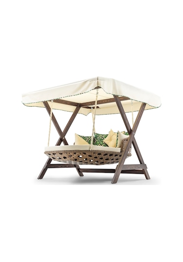 Dominik Swing Ahşap Rattan Salıncak Dış Mekan Bahçe Balkon Ve Ter Ceviz