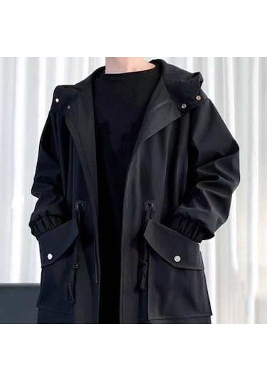 Erkekler Trençkot Kapşonlu Gevşek Orta Uzunlukta Büyük Cepler Uzun Kollu Rüzgar Geçirmez Düz Renk Fermuar Kapatma Kırışıklık Karşıtı Elastik Manşet Street... Siyah