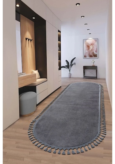 Puffy Gri Oval Örgü Saçaklı Peluş Yumuşacık Yıkanabilir Kaymaz Taban Halı Salon Oturma Odası Antrasit