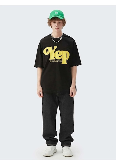 Erkek Siyah Oversize Yep Baskılı T-shirt Siyah