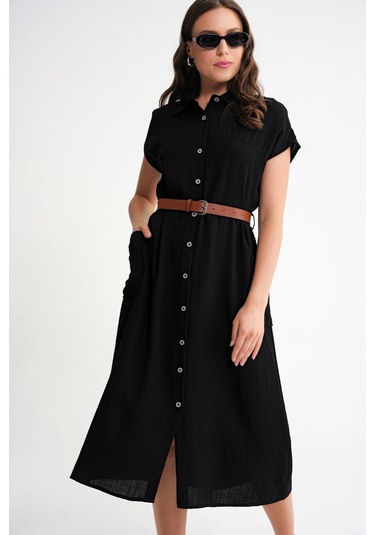 4453 Kadın Keten Cepli Midi Kemerli Elbise Siyah Siyah