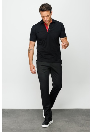 Desen Triko Erkek Polo Yaka Düğmeli Cepli T-Shirt 23201 Siyah