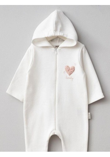 Kız Bebek Kalp Desenli Kapüşonlu Fermuarlı Tulum-15261 Ekru