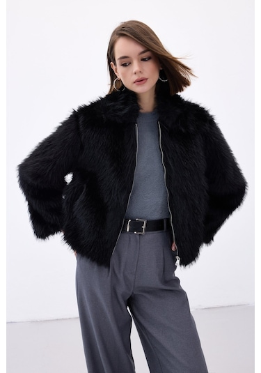 Sateen Fermuarlı Kürk - Siyah-136671 Siyah