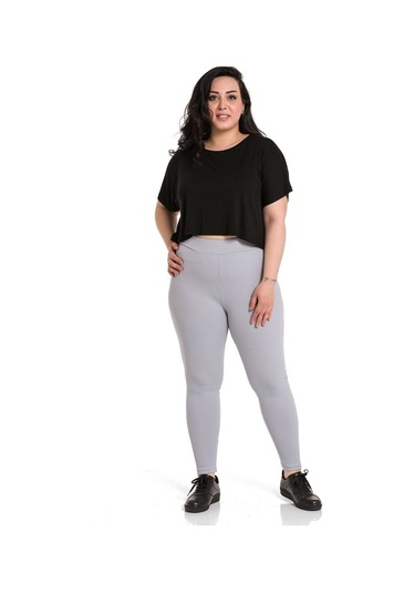 Büyük Beden Fitilli Beli Lastikli Bilek Hizasında Gri Bayan Tayt