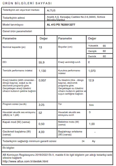 Altus AL 413 PS 3 Programlı 13 Kişilik Bulaşık Makinesi