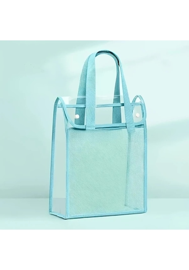 Tongdashop Dikey Mavi Genişletilebilir File Cepli Bohem Şeffaf Pvc Çanta Dikey Versiyon Mavi