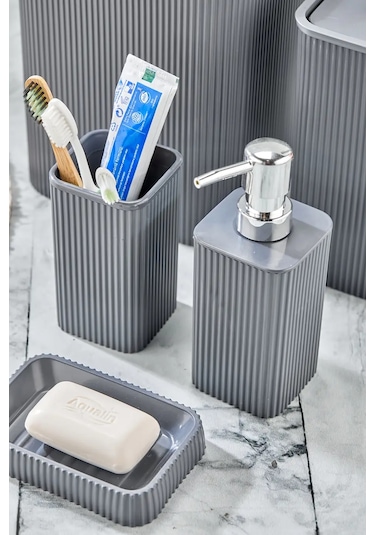 Line 5 Parça Kare Banyo Seti - Çöp Kovası Wc Fırçası Sıvı-katı Sabunluk Diş Fırçası Antrasit