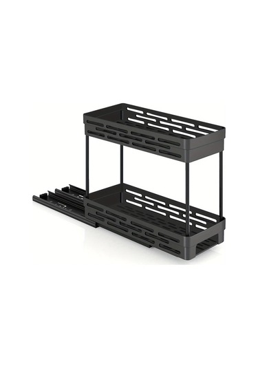 Honeybeeshop Siyah 2 Katlı Çekmeceli Baharatlık Rafı - Dayanıklı Kayar Kavanozlu Mutfak Düzenleyici Siyah