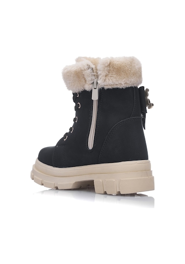 Günlük Çocuk Kışlık Spor Bot Kürklü Bağcıklı Fermuarlı Desenlı Taban Ayakkabı F200 Siyah