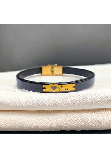 Archin Hande İsmine Özel 14 Ayar Altın Plakalı Kalp Figürlü Hakiki Siyah Derili Hediye Bileklik-568isim Hande