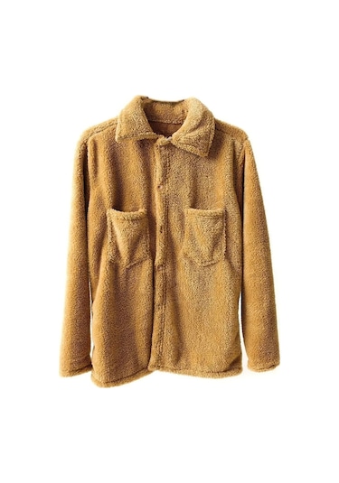 Unisex Camel Düğme Detaylı Cepli Peluş Ceket Camel