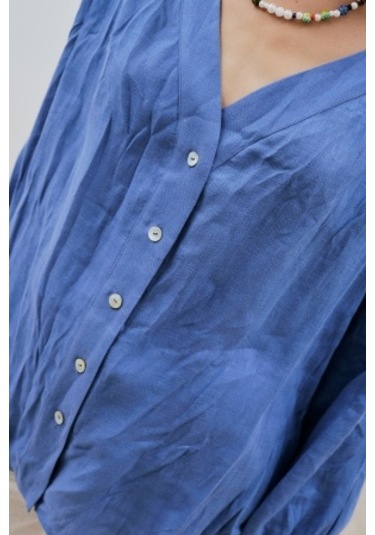 Keten Krushlı Düğmeli Bluz Mavi Mavi