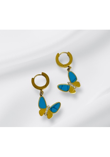1001 Aksesuar Kelebek Model Turkuaz Ve Gold Renkli Çelik Küpe