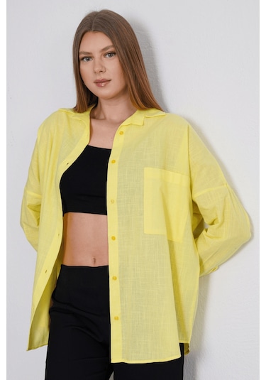 Paw Garage Kadın London Keten Tek Cepli Oversize Gömlek, Premium Kalite Keten Gömlek Sarı