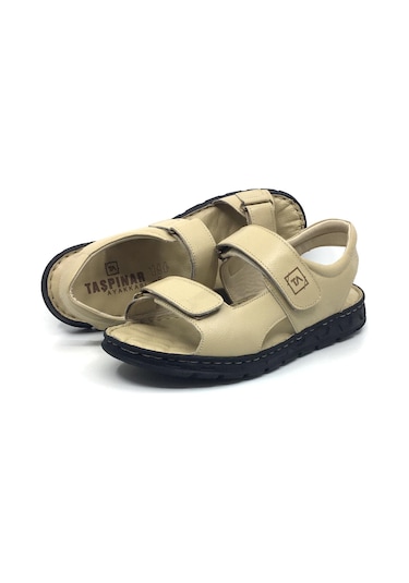 Taşpınar %100 Hakiki Deri Ortopedik Erkek Yazlık Günlük Cırtlı Bej Sandalet 40-45 Bej