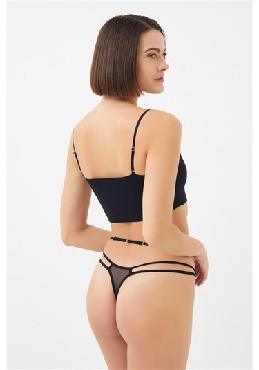 Siyah Dantelli Taş Detaylı Ayarlanabilir Lastikli Kadın Tanga Külot Siyah