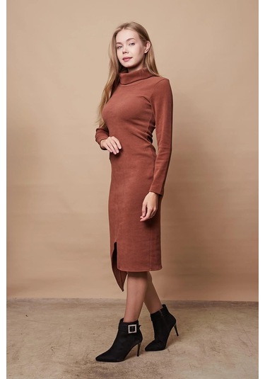 Kadın Likralı Triko Kumaş Tam Balıkçı Asimetrik Uzun Kol Diz Boy Elbise-fındık Kabuğu Fındık Kabuğu