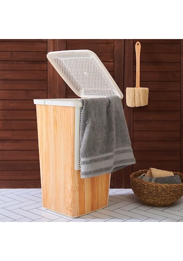 Qutu Ahşap Görünümlü Çamaşır Sepeti - Beyaz - 55 Lt Beyaz