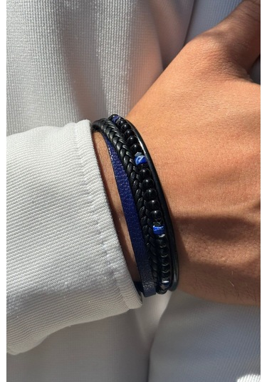 Siyah Taşlı Örgülü El İşçiliği İle Üretilmiş Hakiki Deri Erkek Bileklik Siyah - Mavi