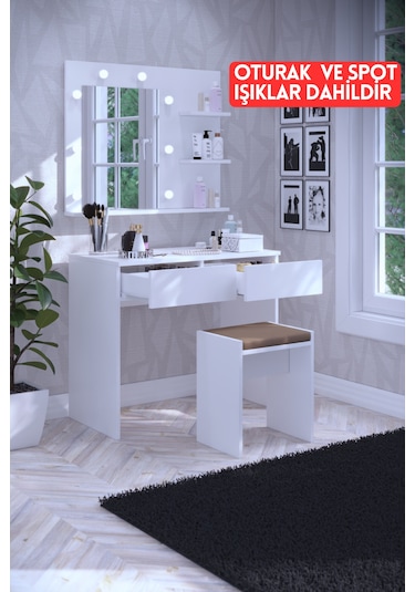 Dekorfim DF02104B Tabureli Çekmeceli Işıklı Aynalı Makyaj Masası