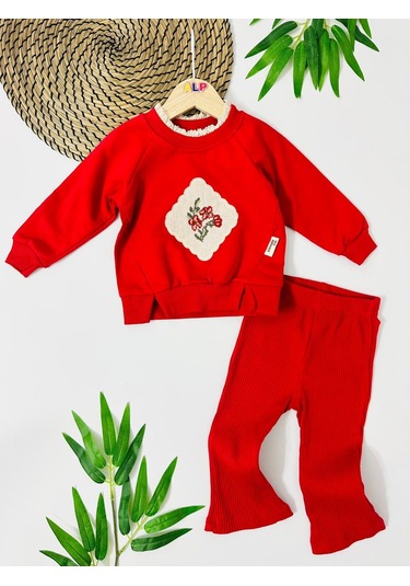 Kanaviçe Çiçek Detaylı Fitilli Tayt Mevsimlik 2 Parça Set Kırmızı