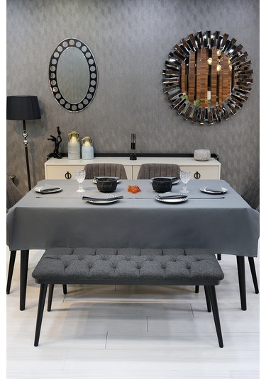 Dream 8 Parça Masa Örtüsü Seti Çeyiz Seti Salon Masa Örtüsü, Runner, 6'lı Peçete Antrasit Gri