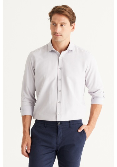 AC&Co / Altınyıldız Classics Erkek GRI Kolay Ütülenebilir Slim Fit Dar Kesim İtalyan Yaka Armürlü Gömlek Gri