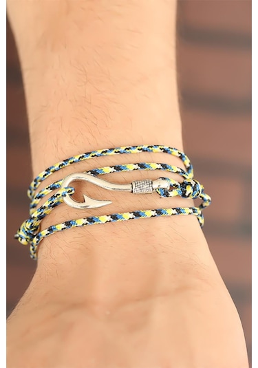 Sarı Mavi Çizgi Desenli Gümüş Renk Metal Kancalı Erkek Bileklik Çok Renkli