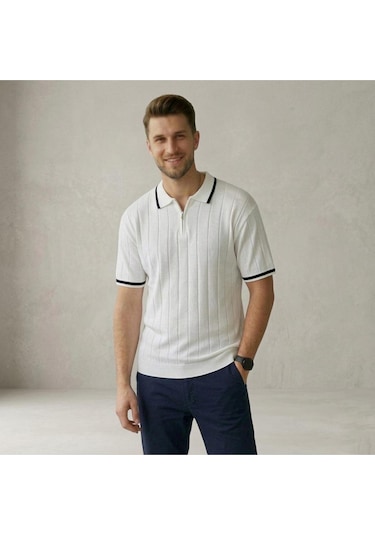 Fermuarlı Polo Yaka Kısa Kollu Triko T-shirt Beyaz