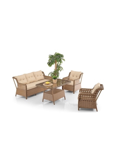 Deniz Rattan Puflu Bahçe Balkon Takımı 3+1+1 Kahve