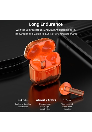 Leezsing S11 Bluetooth 5.3 Kulaklık - Şeffaf Gövde, Hi-fi Ses, Suya Dayanıklı, Uzun Pil Ömrü, Akıllı Gürültü Engelleme, Parmak İzi Kontrolü - Turuncu