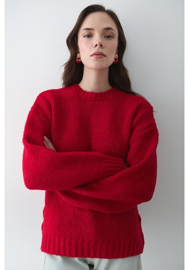 Kırmızı Uzun Kollu Relax Kazak - 251091 Kırmızı