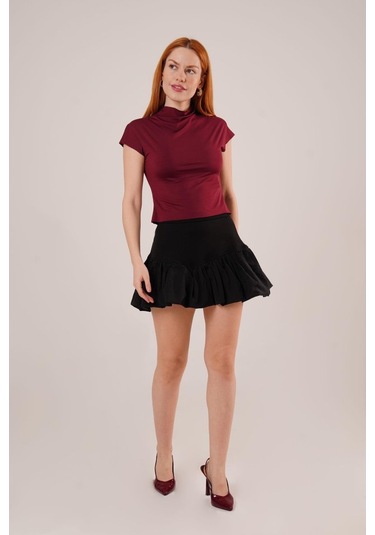 Boğazlı Parlak Kumaş Bordo Crop Bordo