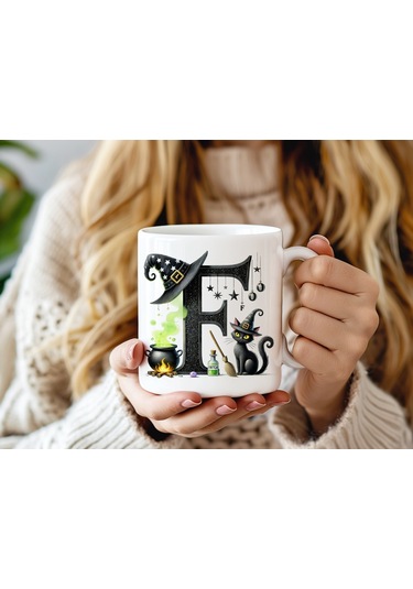 F Harfli Halloween Kedili Figür Kupa Bardak - Şapkalı Ve Kazanlı İsme Özel Kupa - Hediye Beyaz