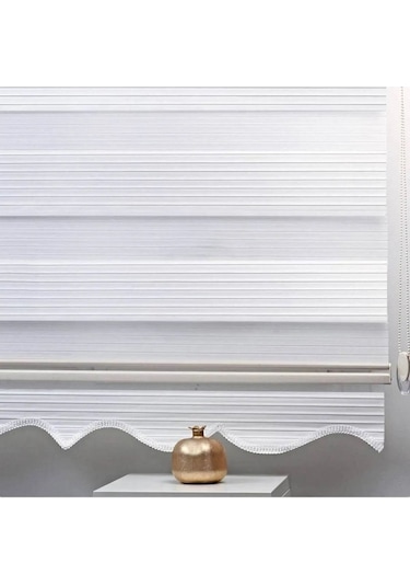 Geniş Pliseli Etek Dilimli Ekru Beyaz Zebra Stor Güneşlik Perde Beyaz