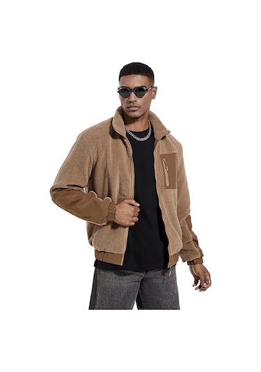 Dik Yaka Polar Günlük Hırka Açık Hava Erkek Kuzu Polar Ceket Siyah