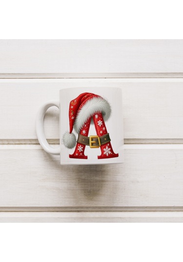 A Harfi Yılbaşı Temalı Bardak 330 Ml Harfli Kişiye Özel Hediye - Yeniyıl / Noel Şapka Tasarım Beyaz