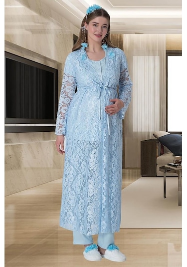 Mecit Pijama Mecit 6060 Bayan Mavi Sabahlık Gecelik Pijama Hamile Lohusa Set 001