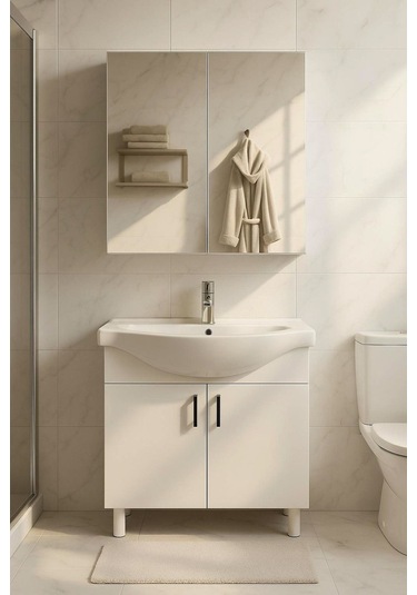 65 Cm Beyaz Mdf Seramik Lavabolu Ayaklı Aynalı Banyo Dolabı Beyaz